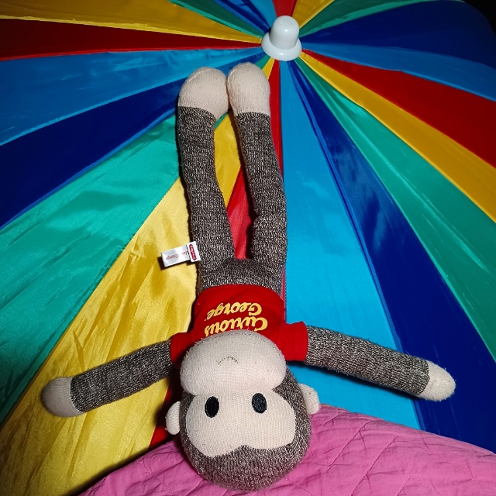CURIOUS GEORGE SOCK MONKEY PLUSHIE stuffed animal w/red shirt 19 in tall